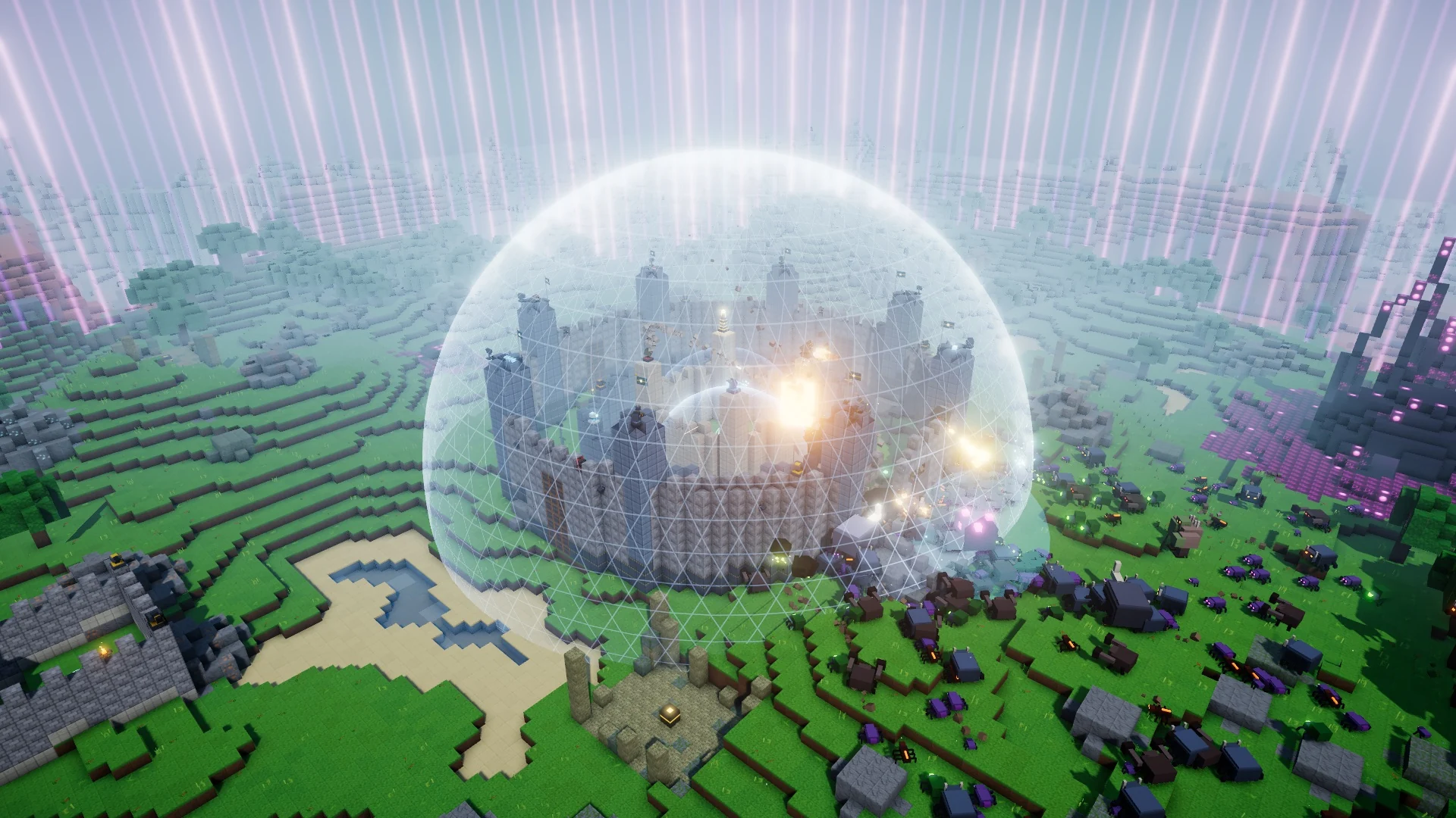A voxel fortress shields the Star Core while enemies approach in STARCORE